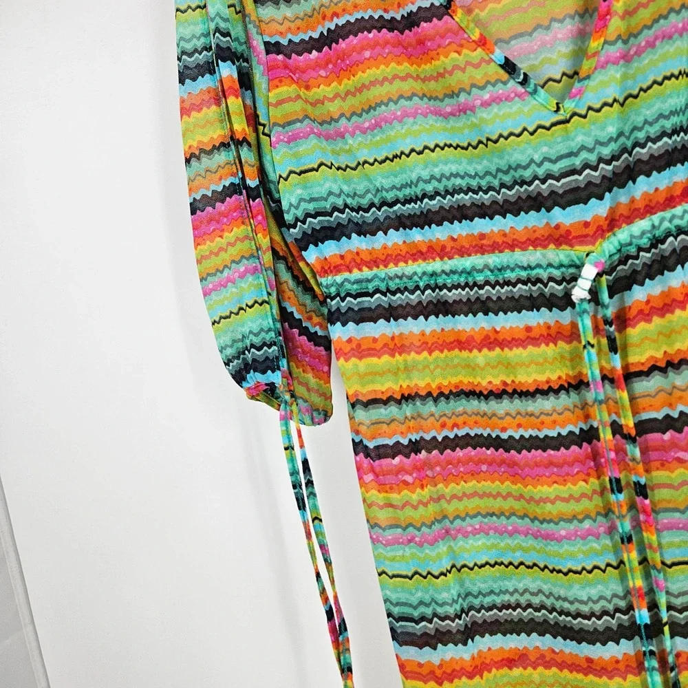 Luli Fama Coverup Dress Multicolor Mesh Sheer Striped Chevron V-neck Tunic Sz S